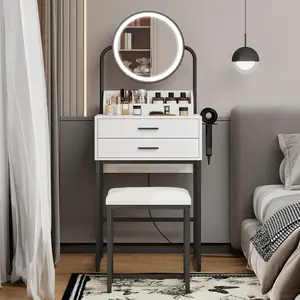 Small Vanity Desk with Mirror and Lights Compact Makeup Vanity Set with Drawers for Bedroom Mini White Modern Dressing Table with Stool IF095