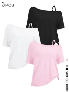 3 Pack off Shoulder Oversized T-Shirts for Women, Y2K Aesthetic Asymmetrical Strap, Short Sleeve Slouchy Streetwear, Perfect for Summer Daily Wear