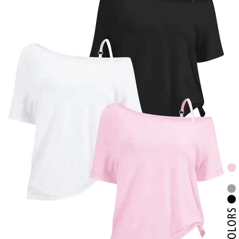 3 Pack off Shoulder Oversized Summer T-Shirts Top for Women, Y2K Aesthetic Asymmetrical Strap, Short Sleeve Slouchy Streetwear, Perfect for Daily Wear