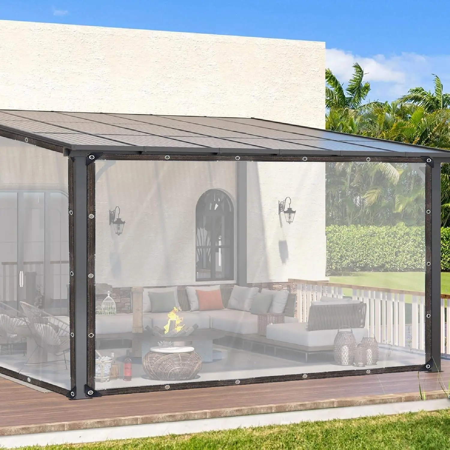 Transparent Vinyl Waterproofing Fabric 7x10 Feet Heavy-Duty with Reinforced Edges Rust-Proof Cable Rings Windproof & Rainproof Cover for Porches Courtyards Greenhouses Chicken Coops Outdoor Gardens rain  cloth firewood pile