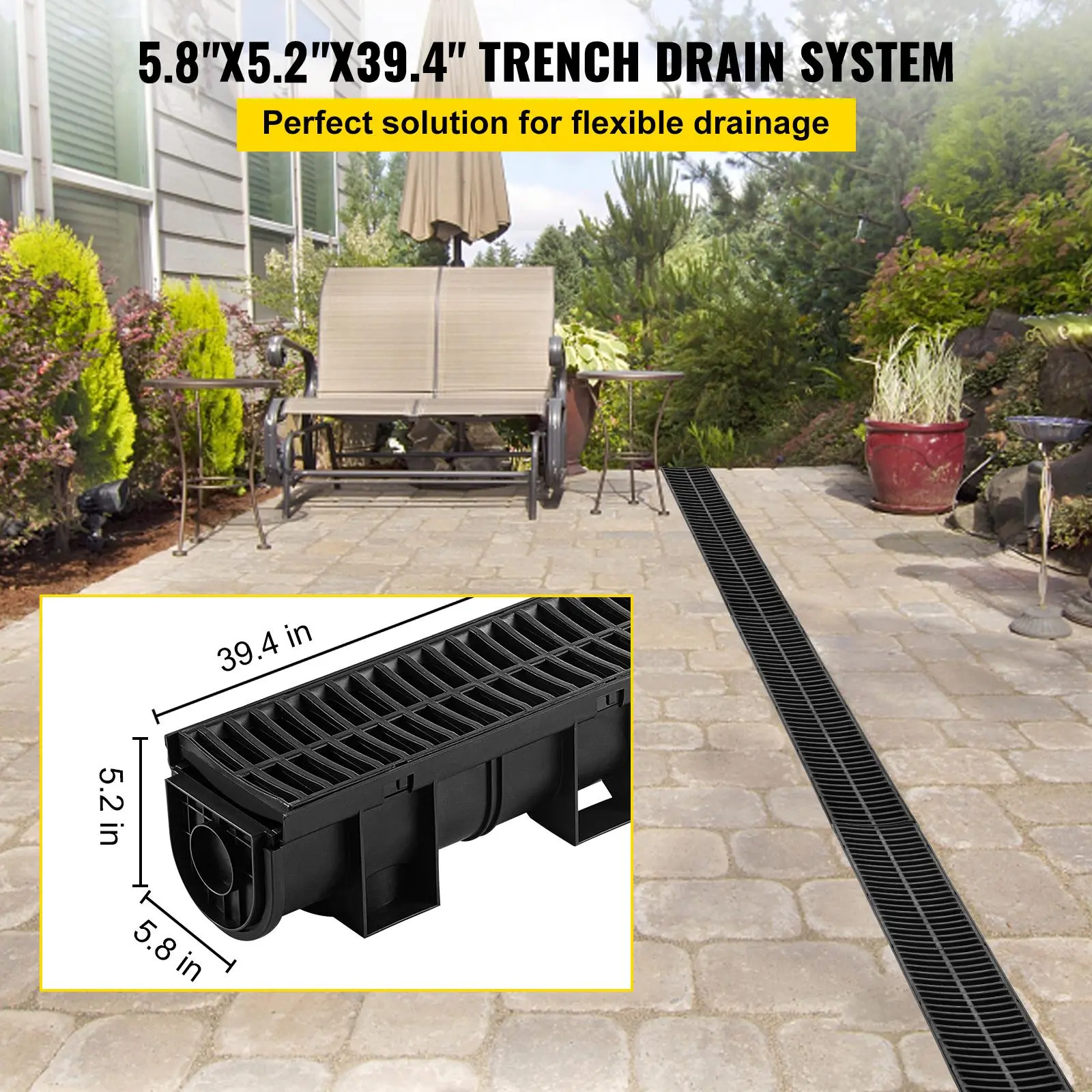 【Summerfinds】VEVOR Trench Drain System,5.8x5.2x39.4-Inch HDPE Drainage Trench,Channel Drain with Plastic Grate,Black Plastic Garage Floor Drain,3x39 Trench Drain Grate,with 3 End Caps, for Garden, Driveway-3 Pack