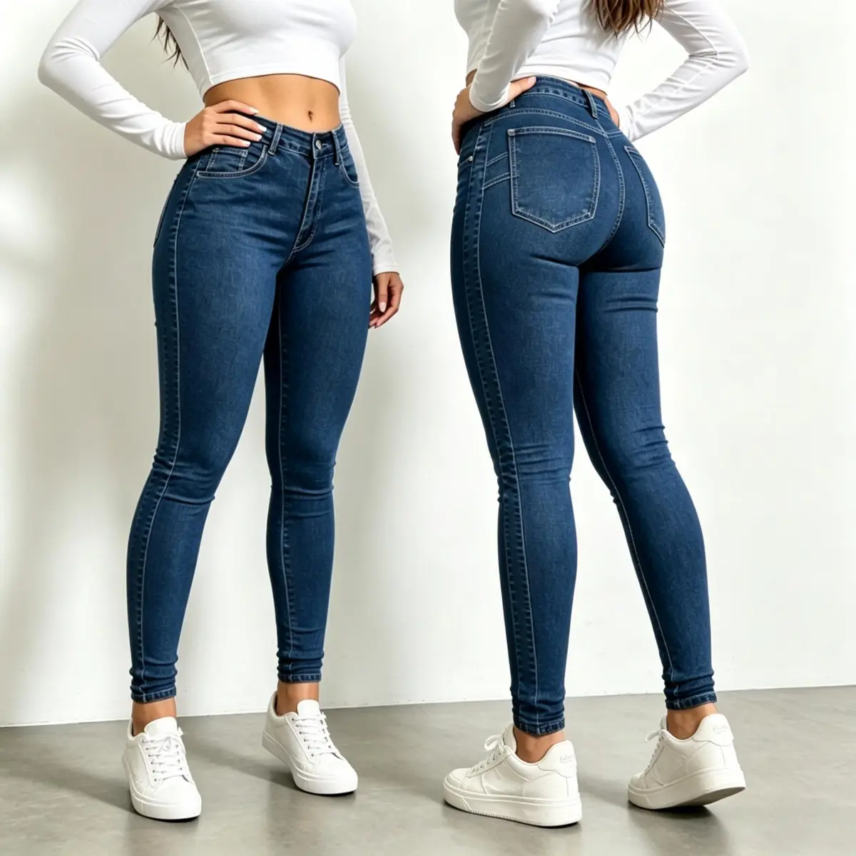 Women's High Waist Stretchy Deep Blue Skinny Jeans - Pull-On Tummy Control Jeggings with Pockets, Trendy Casual Womenswear Bottoms