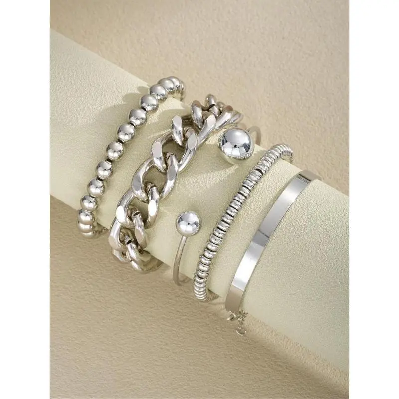 5-Piece Adjustable Silver&Golden Chain Bangle Set Layered Stackable Open Cuff Bracelets for Women Bohemian Italian Cuban Style with Beads&Link Design Anti-Tarnish Hypoallergenic Trendy Retro Jewelry Ideal for Dates Parties Holidays&Daily Wear
