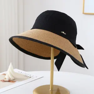 1 piece of casual spliced straw hat for women with ponytail-friendly design, breathable summer sunshade bucket hat, elegant bowknot sun hat for seaside vacations.