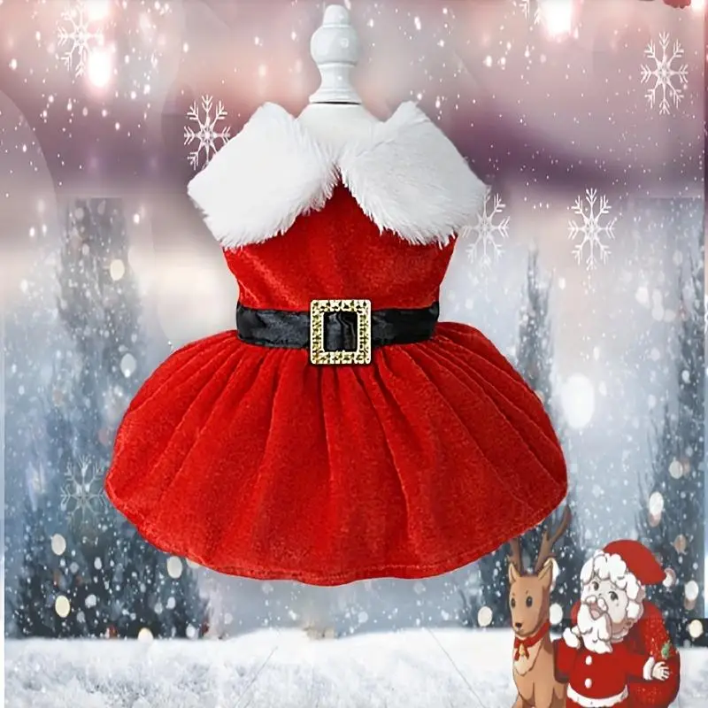 Velvet Warm Dog Dress, Christmas Costume, Xmas Santa Claus Style Belt Decor Pet Dress Dog Skirt for Holiday, Pet Decoration Supplies