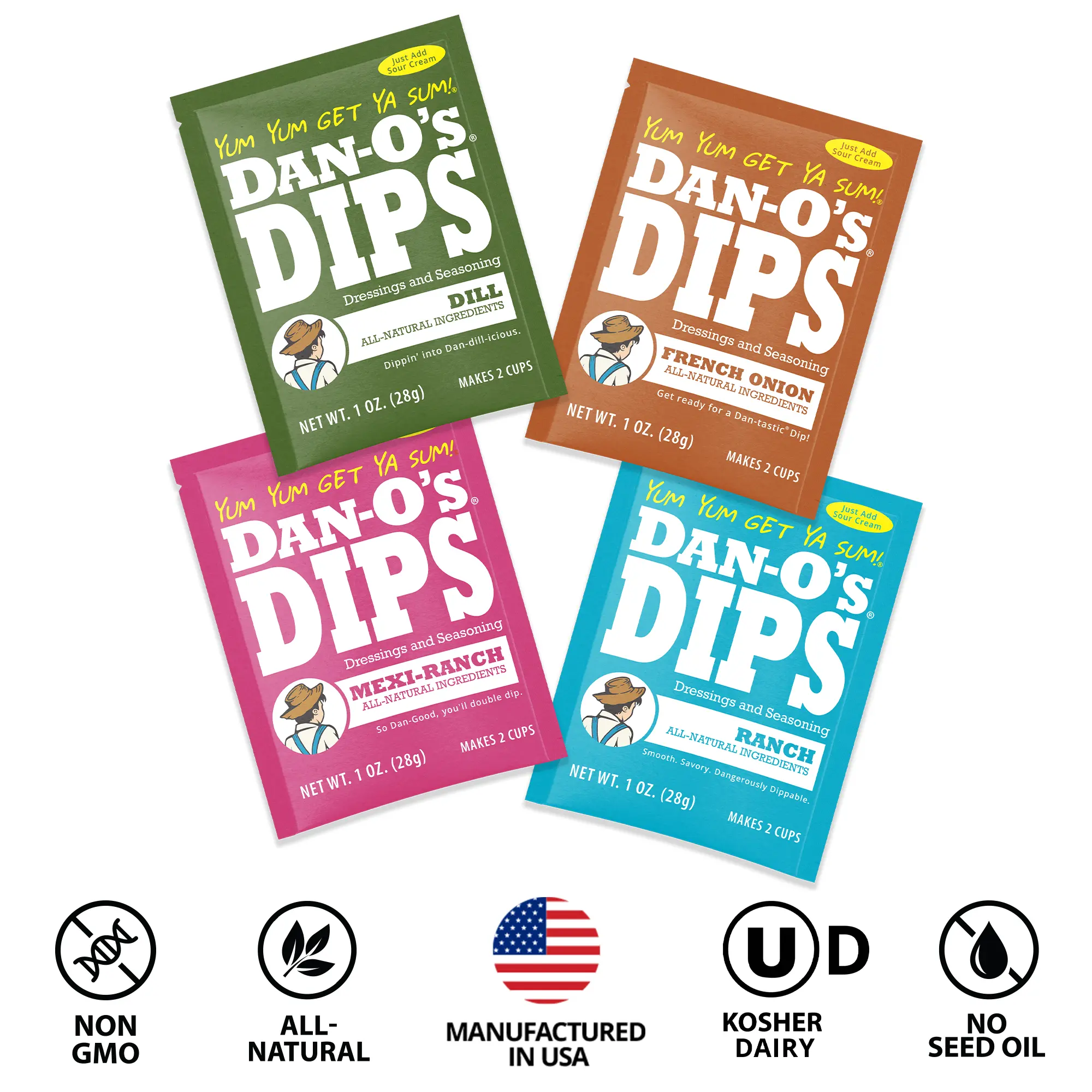 Dan-O's Dips Variety Pack - 4 Pack - Dill, French Onion, Ranch, and Mexi-Ranch (1 oz each)