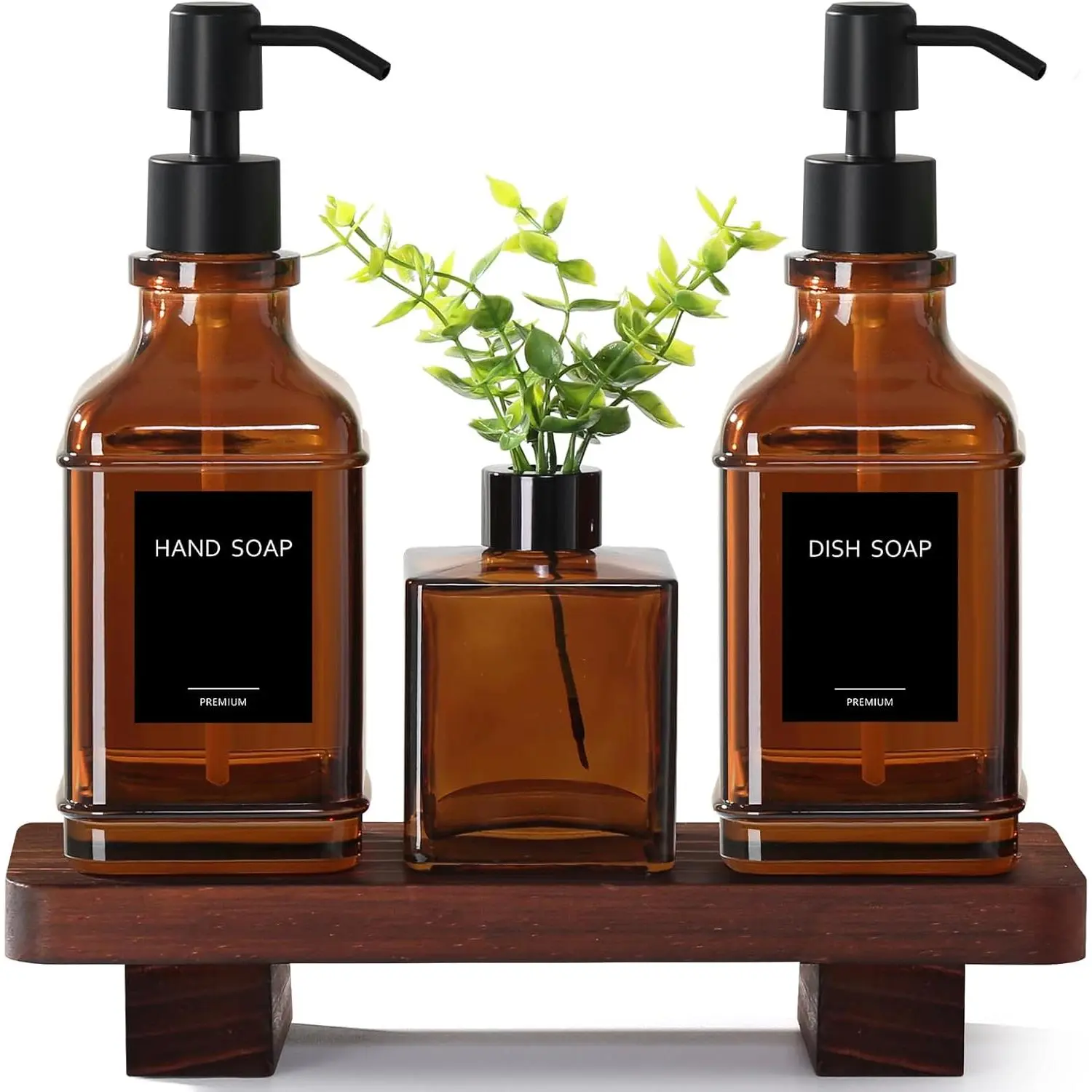 Modern Kitchen Soap Dispenser Set with Wood Tray, Amber Glass Soap Dispensers with Pump, Decorative Hand and Dish Soap Dispenser Set, Soap and Lotion Dispenser Upgrade for Kitchen and Bathroom Decor