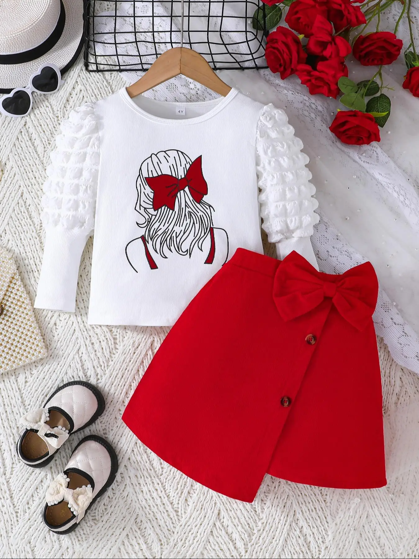 Two-Piece Set Girl's Cartoon Print Tee & Button Front Bow Decor Skirt Set, Cute Casual Puff Sleeve Round Neck Top & Asymmetrical Skirt for Daily Wear,