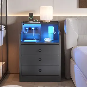 Sikaic LED Nightstand With Hutch Drawers Charging Station Furniture Home Table Tabletop Design