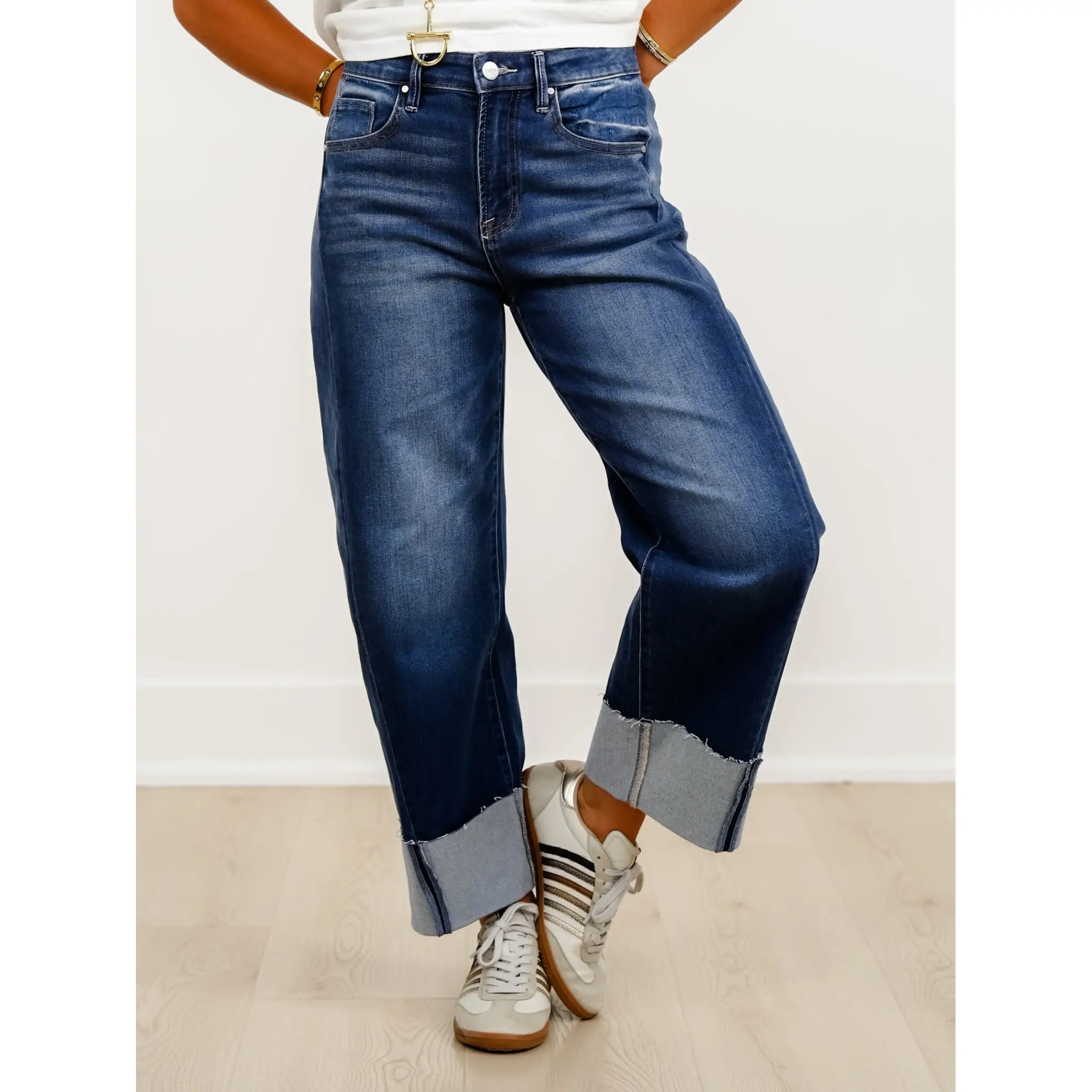 Risen High Rise Dark Wash Slouchy Cropped Cuffed Barrel Jeans