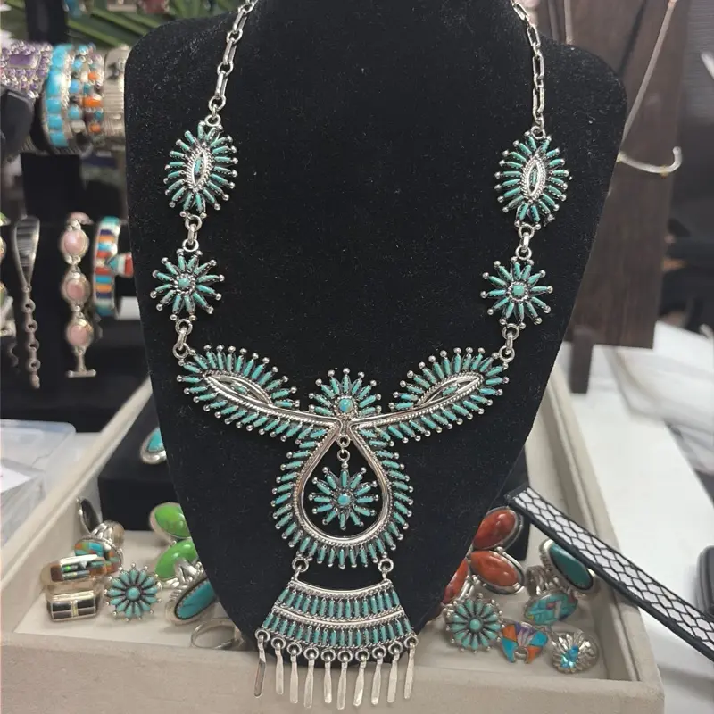 JL Stamped Native Needlepoint Turquoise Necklace