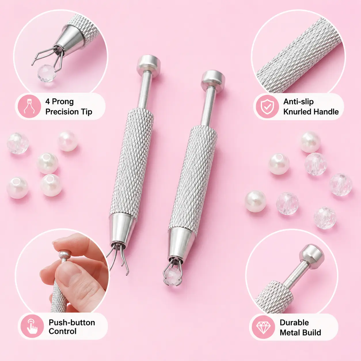 1 Count, Metal 4-Claw Bead Pick Up Tool, Non-slip Textured Handle for DIY Jewelry Making Small Beads and Tiny Accessories Gripping