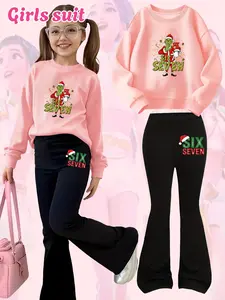 Girls Christmas Fun Number 67 3D Cartoon Print Casual Comfortable Loose Round Neck Sweatshirt + Bell Bottom Pants Set