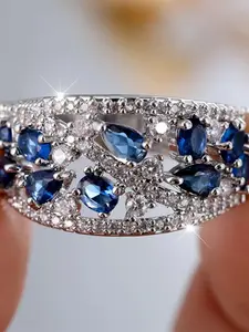 Blue Synthetic Crystal Zirconia Water Drop Stone Engagement Rings For Women Unique Statement Rings Vintage Silver Color Wedding Bands Birthstone Jewelry Party Gift Cluster Engagement Ring Sparkling Rings Zircon Embellished Rings