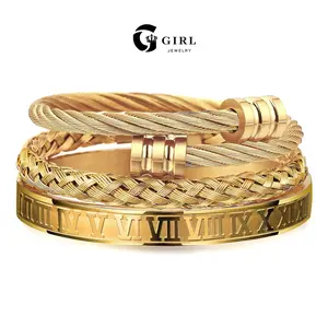 GGIRL 3-Piece Stainless Steel Bracelet Set | Twisted, Braided & Roman Numeral | Cross Open Cuff Bracelet