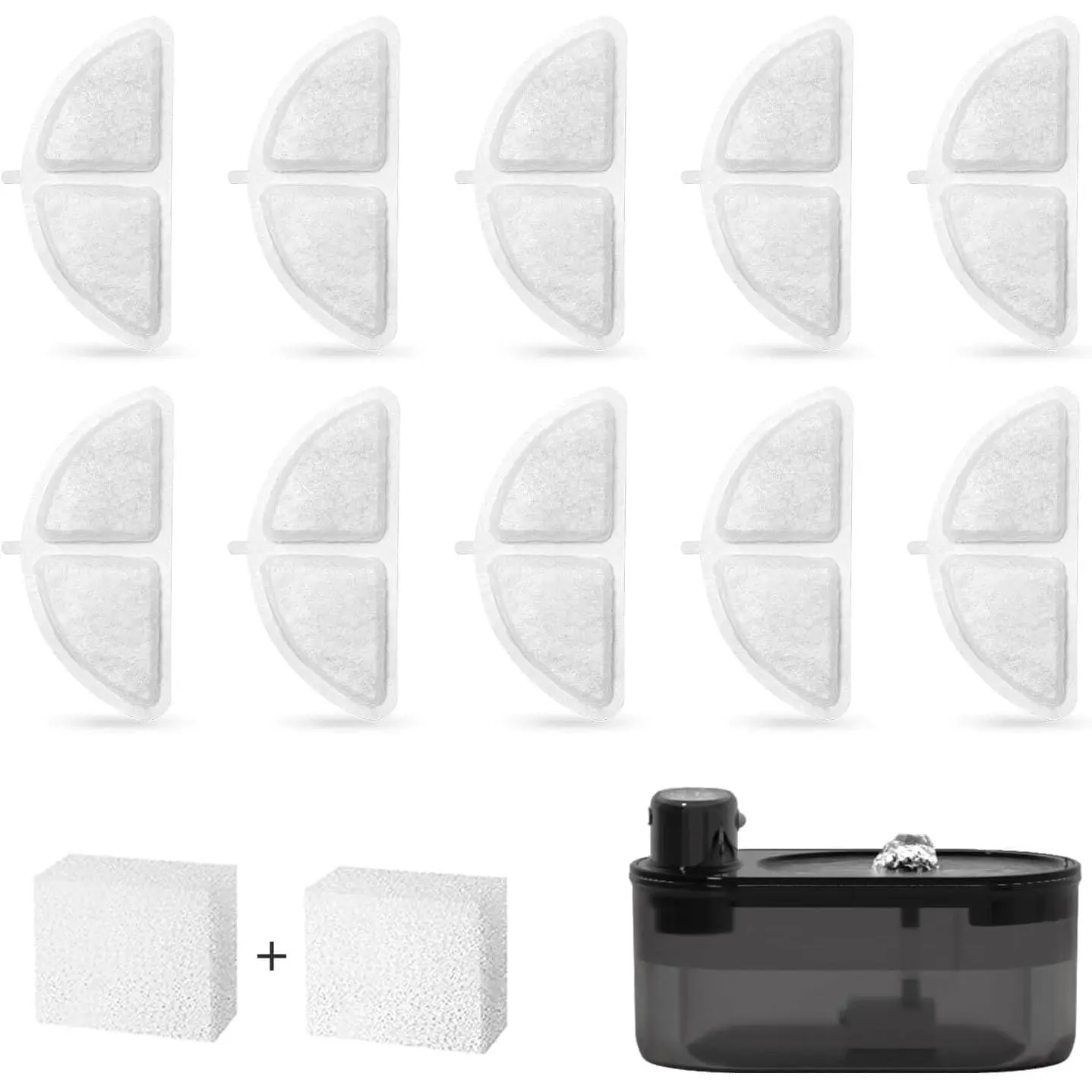 Water Fountain Filters Set, 10 Filters & 2 Pre-Filter Sponges for 3L/101oz Automatic Water Pet Fountain