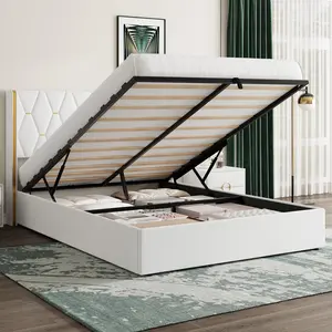 Modern Hydraulic Lift Storage Bed Frame, Full Size Suede Upholstered Platform Bed with Gold Diamond Tufted Wingback Headboard, Sturdy Wood Slat Support, No Box Spring Required, Easy Assembly