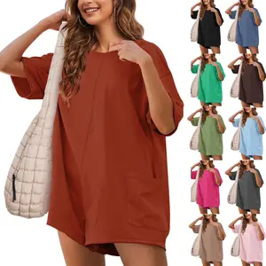 Kingapril Women's Oversized Rompers Back V Neck Jumpsuits Casual Athletic Workout Tee Onesie Activewear with Pockets