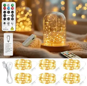 6 Pack Rechargeable Fairy Lights with Remote & DIY Timer, 7Ft 20LED Mini Battery String Light, Twinkle Silver Copper Wire Lights for Wedding Party Bedroom Christmas Table Decoration(Warm White)