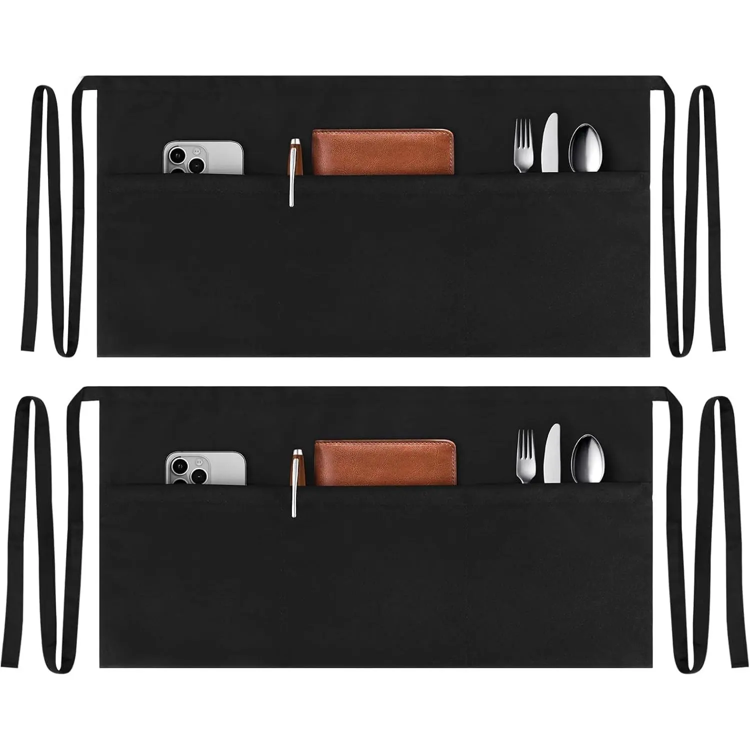 2 Pack Server Aprons with 3 Pockets, Water Oil Stain Resistant Waitress Waiter Apron Black  Aprons Bistro Apron for Women Men, 24 X 12 inch