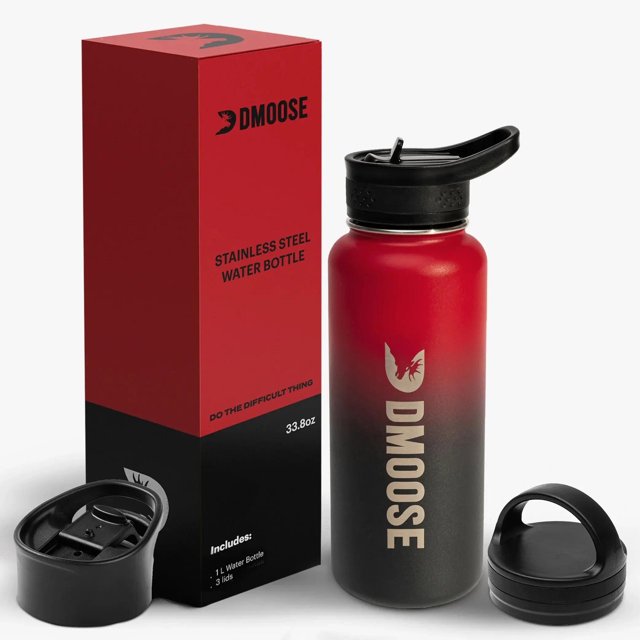 DMoose Fitness 34 oz Insulated Water Bottle, Sleek Stainless Steel Flasks with 3 Lids - Leak-Proof & Portable for Gym and Hiking, Insulation