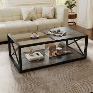 Industrial Style Coffee Table Half Glass Half Wood Top X Frame Metal Legs 39.37" Modern Living Room Table 220LBS Capacity Easy Clean Assembly