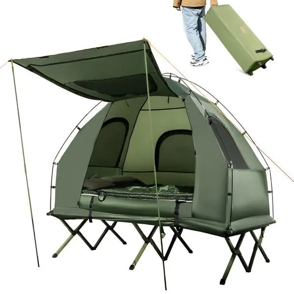5-in-1 Elevated Camping Cot Tent Combo, All-in-One Foldable Camping Bed Tent with Inflatable Mattress & Rolling Carry Case, Sunproof Drizzle Resistant for Outdoor Hiking Camping summervibes,father'sdaygifts,campingessentials,campinggear