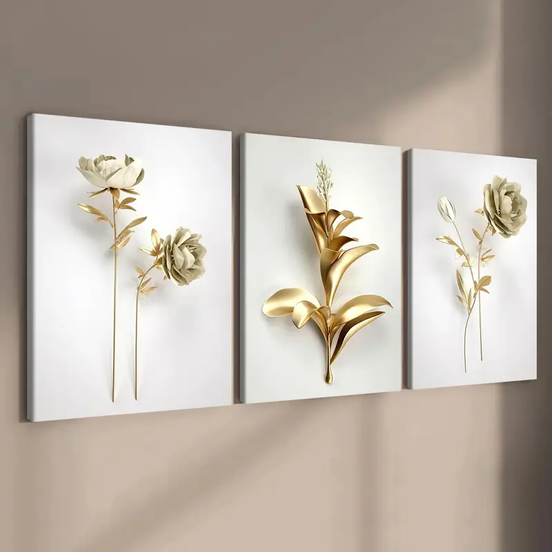 Wooden Framed Canvas Painting, 3 Counts/set Modern Art Plant Gold Flower Pattern Wall Art, Artistic Aesthetic Wall Decor for Home Living Room Bedroom Office Artwork, Leaf Art Decoration Items