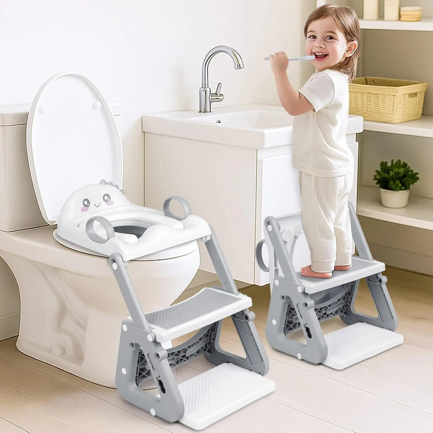 Potty Training Seat with Step Stool, 2-IN-1 Toddler Potty Training Toilet  Kid Boys Girls, Adjustable Toilet Seat  Toilet with ladder, Splash Guard, Anti-Slip Pad and Safety Handle, Gray