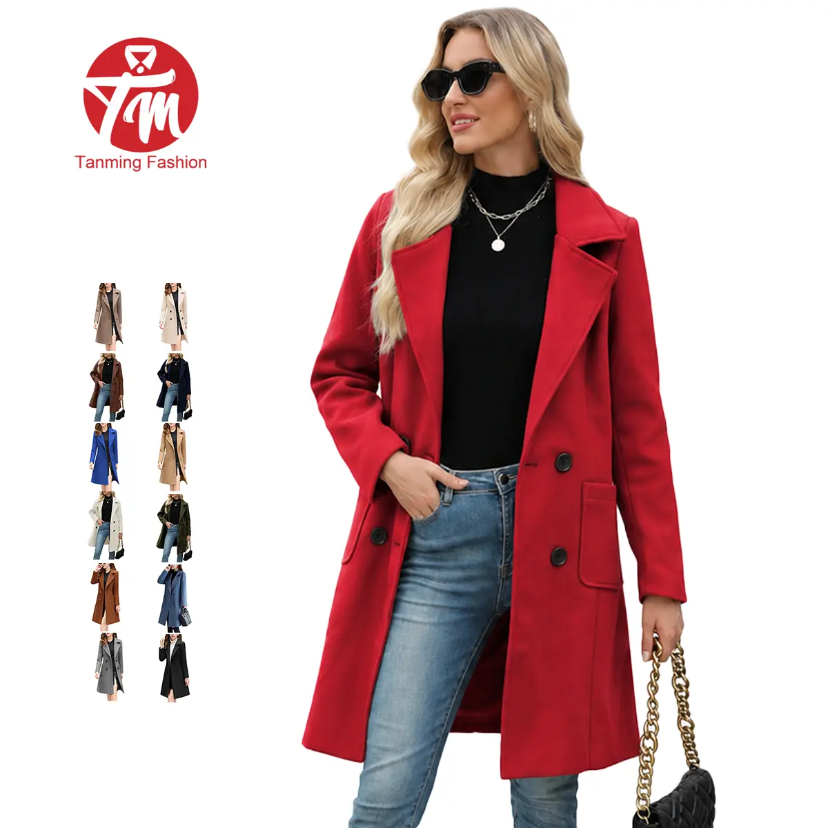 Tanming Women's Chic Minimalist Elegant Basic Winter Wool-Blend Camel Mid-Long Double-Breasted Notch-Lapel Long-Sleeve Fitted Coat Jacket, Button, Holiday, Plain, Dry Clean, Pea Coat, Fitted Cut