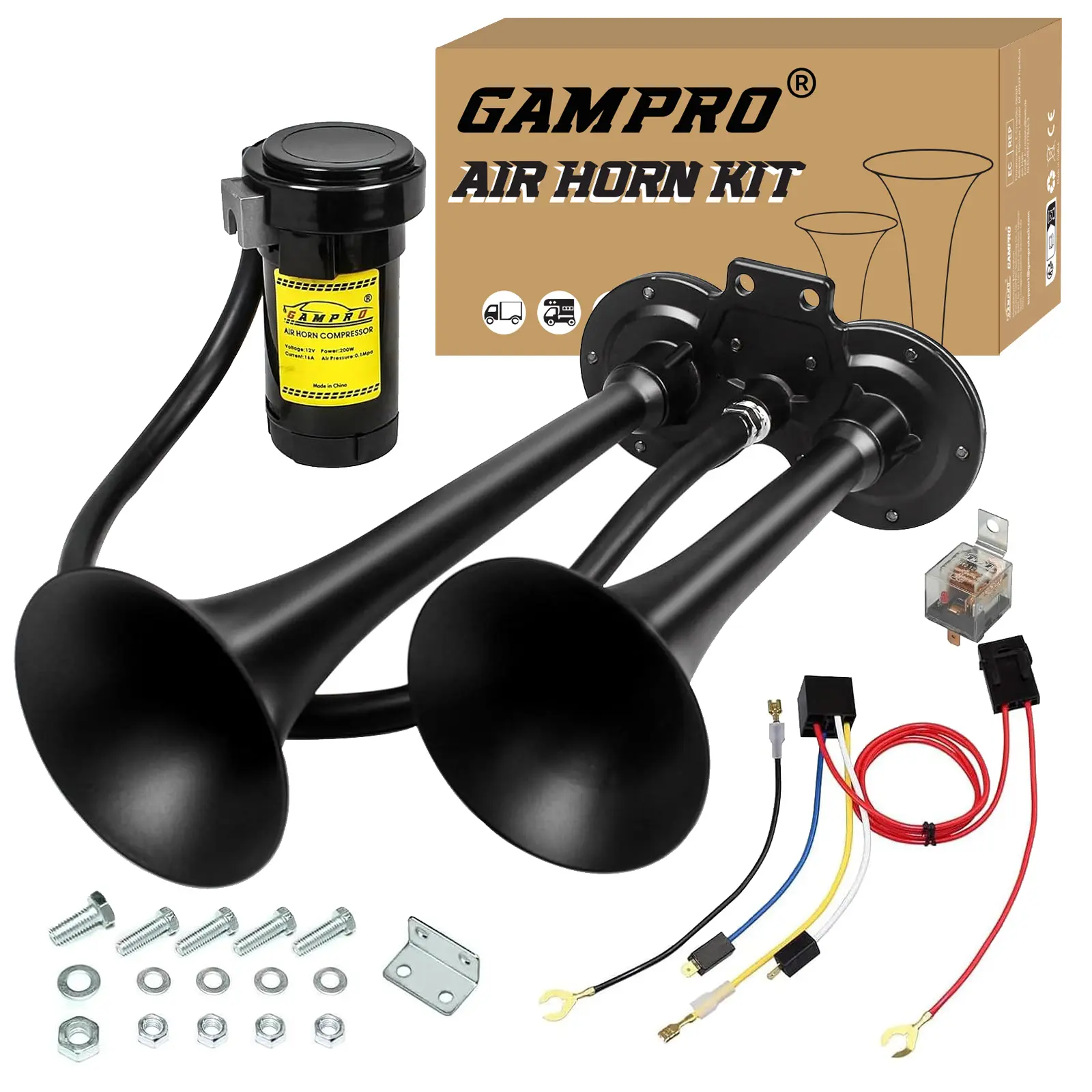 GAMPRO Upgrade 12V Dual Trumpet Air Horn Kit with Compressor, Super Loud 5000rpm Vehicle Accessories Truck Horn for Truck, Boat (1 Kit)