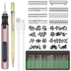 Rechargeable cordless Electric Micro Engraver Pen Mini DIY Engraving Tool Kit for Metal Glass Ceramic Plastic Wood Jewelry with 30 Bits and 16 Stencils and 1 Scriber Pen (Rose gold)