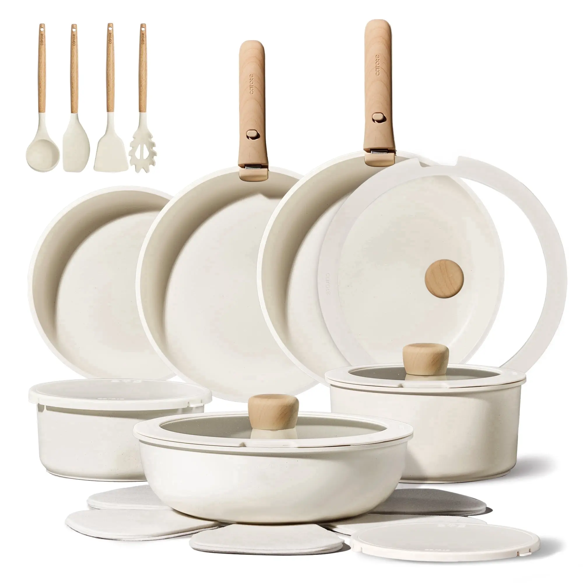 Carote 22-Piece Nonstick Cookware Sets, Granite Non Stick Pots and Pans with Removable Handles, Oven Safe, Induction Compatible, Cream White