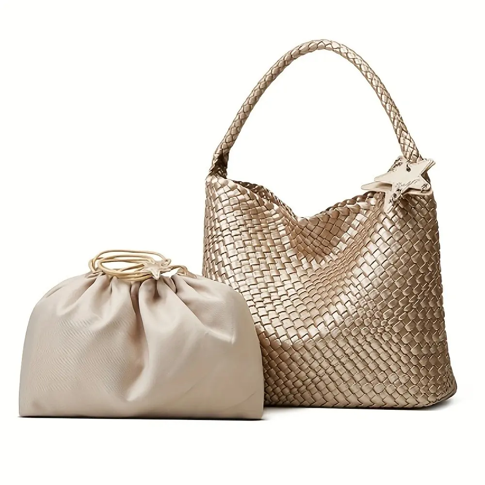 Handmade Woven Tote Bag, High-Quality Soft Leather Material, Vintage Bucket Style, Large Capacity, Dual-Use Shoulder & Handbag