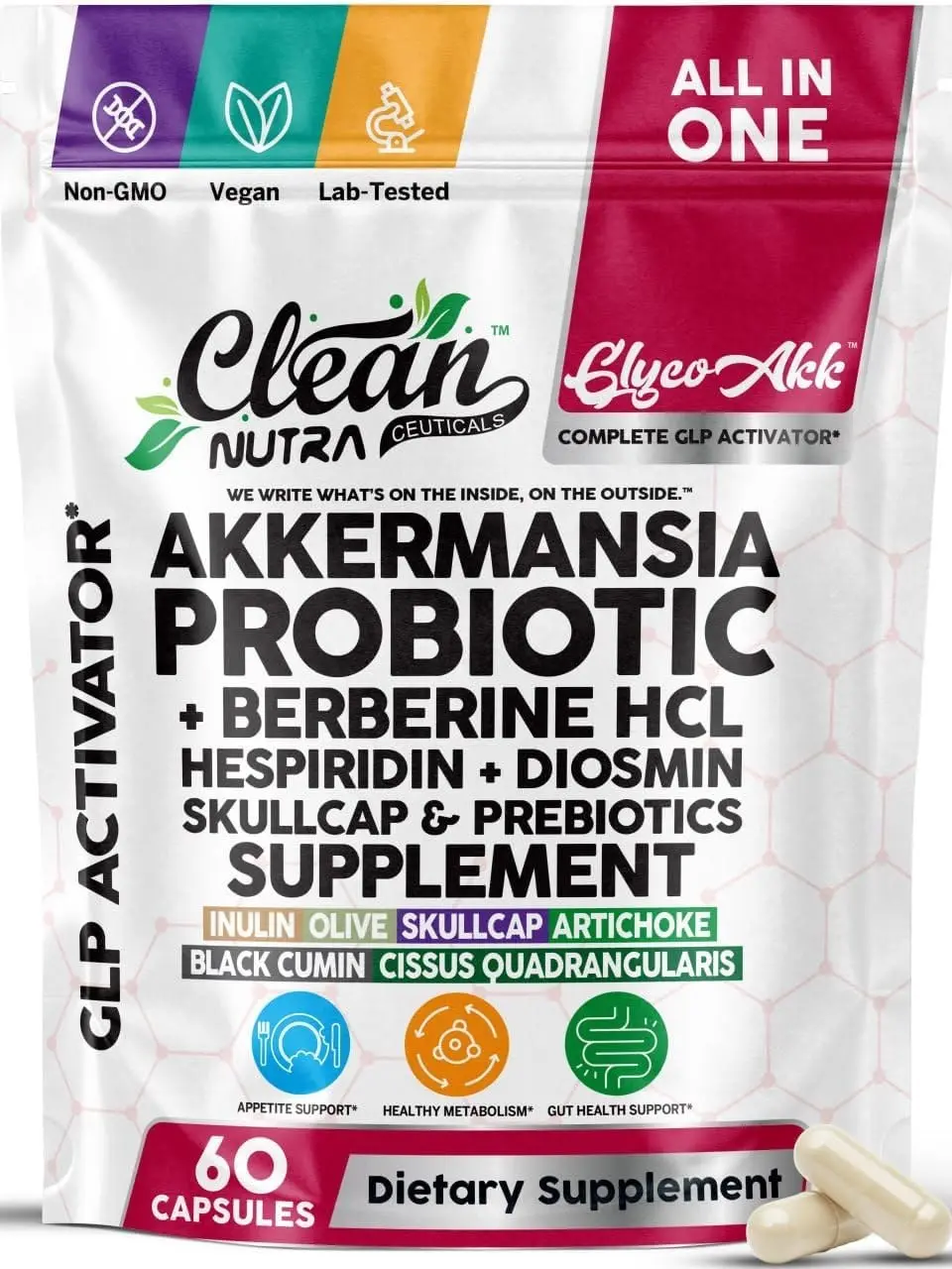 Clean Nutra GlycoAkk Akkermansia Muciniphila Probiotic with Berberine HCL 450mg, Dihydroberberine, Hesperidin & Diosmin, Quercetin, Skullcap and Inulin Prebiotic, 12-in-1 Metabolism Formula, Vegan, Lab Tested, 60 Capsules Resealable Bag