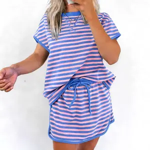 Women's 2-Piece Oversized Drop Shoulder Shortsleeve T-Shirt & Skort Set, Striped Summer Casual Lounge Tracksuit, Women's Clothes, Clothes