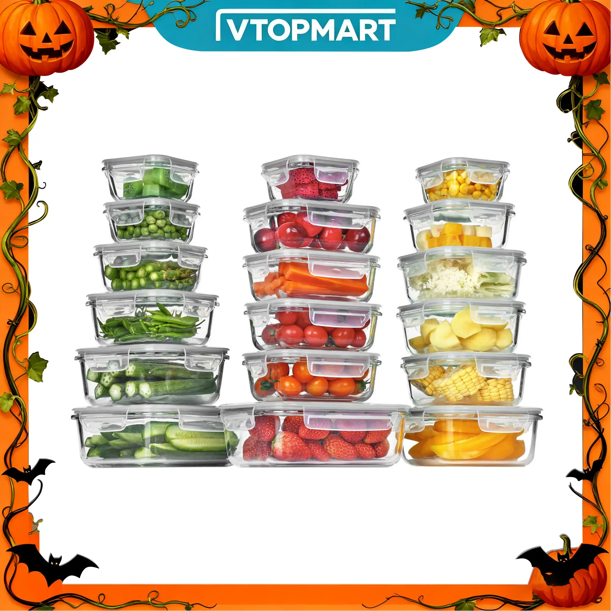 Vtopmart 18-Pack Glass Airtight Food Storage Containers with Leakproof Dustproof Lids, BPA-Free Reusable Kitchen Accessories, Built to Last for Meal Prep, Lunch, Halloween Christmas Gift Ideas
