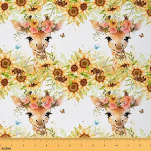 Cute Giraffe Fabric by The Yard,1 Yard,Cartoon Animal Waterproof Fabric,Sunflower Upholstery Fabric,Farm Flower Floral Print DIY Reupholstery Fabric