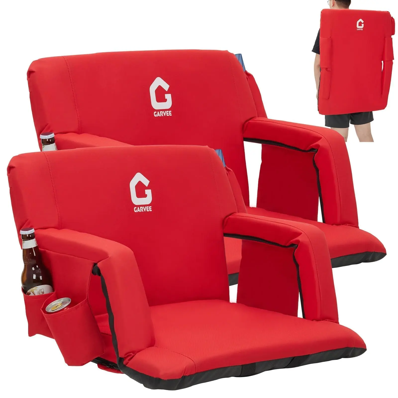 Garvee Set of 2 Adjustable Stadium Seats with Back Support, Armrests, Cup Holder, Thick Cushion, and Large Pockets - Comfortable Bleacher Chairs for Outdoor Sports and Concerts