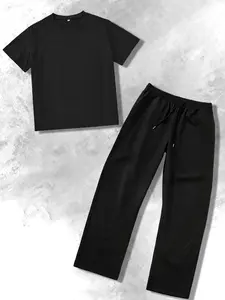 Men's Solid Drop Shoulder Round Neck Tee & Drawstring Waist Sweatpants Two-piece Set, Menswear Loose Casual Fashion Cozy Breathable Two Piece Outfits for Daily Outdoor Wear, Men Clothes for All Seasons