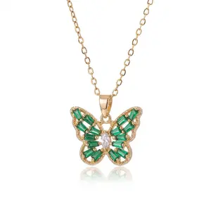 Susimiya Emerald Green Baguette Crystal Butterfly Pendant Necklace | 14K Gold Plated Dainty Chain | Cubic Zirconia Butterfly Jewelry for Women