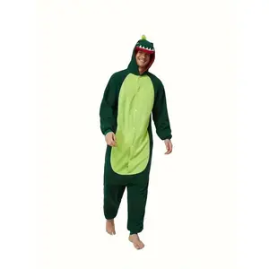 New Cute Cartoon Dinosaur Polyester 100% Unisex Onesie Pajamas - Long Sleeve with Hood, Slight Stretch, Loose Fit - Animal Pattern Party Costume for Music Festivals, Roleplay
