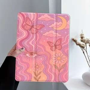 Retro 70s Psychedelic Butterfly Eye Tablet, Computer Case, 3-Tier Stand Transparent Acrylic Hard Back with Pencil Slot, Auto Wake/Sleep Shockproof Full Cover, Fits 7.9/10.2/10.5/10.9/11/12.9 Inch Tablets, suitable for office, school, home, gift