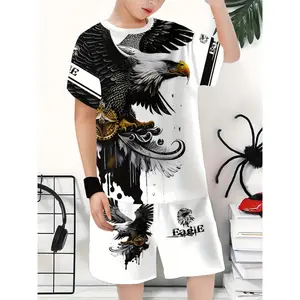 Boys' summer short-sleeve T-shirt and shorts two-piece set, cool eagle print, comfortable and breathable fabric, sporty casual wear, outdoor fashion outfit