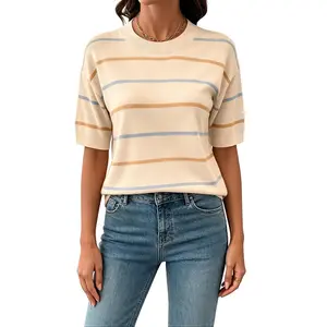 Shewin Summer Outfit Women's Striped Knit Top Crew Neck Short Sleeve Loose Fit Ribbed Neck and Cuff Casual Pullover DealsForYouDays, Shortsleeve, Women's Clothes Womenswear Crewneck