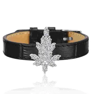 Aprilery Leather Bracelet for Women – Black Adjustable Band with Crystal Leaf Accent