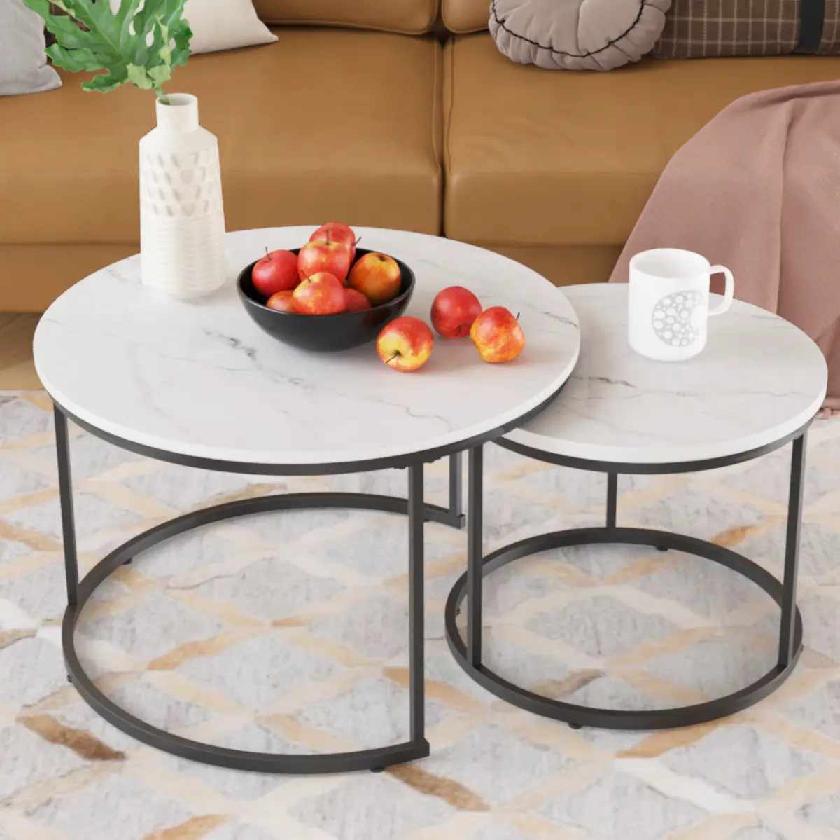 2-Piece Modern Industrial Nesting Coffee Table Set - 27.6in Round Faux Marble Top, Sturdy Metal Frame, Stylish Bedside & Living Room Indoor Furniture Table, Stylish Bedside Table