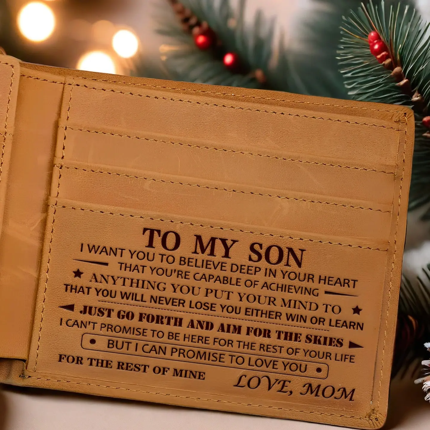 Handmade Christmas gifts for your son-Mom To Son Laser Engraved Leather Money Clip Wallet - Slim Minimalist Design with Inspirational Message - Perfect Birthday Graduation Gift Back to School gift for son,Classic Cowhide Wallet