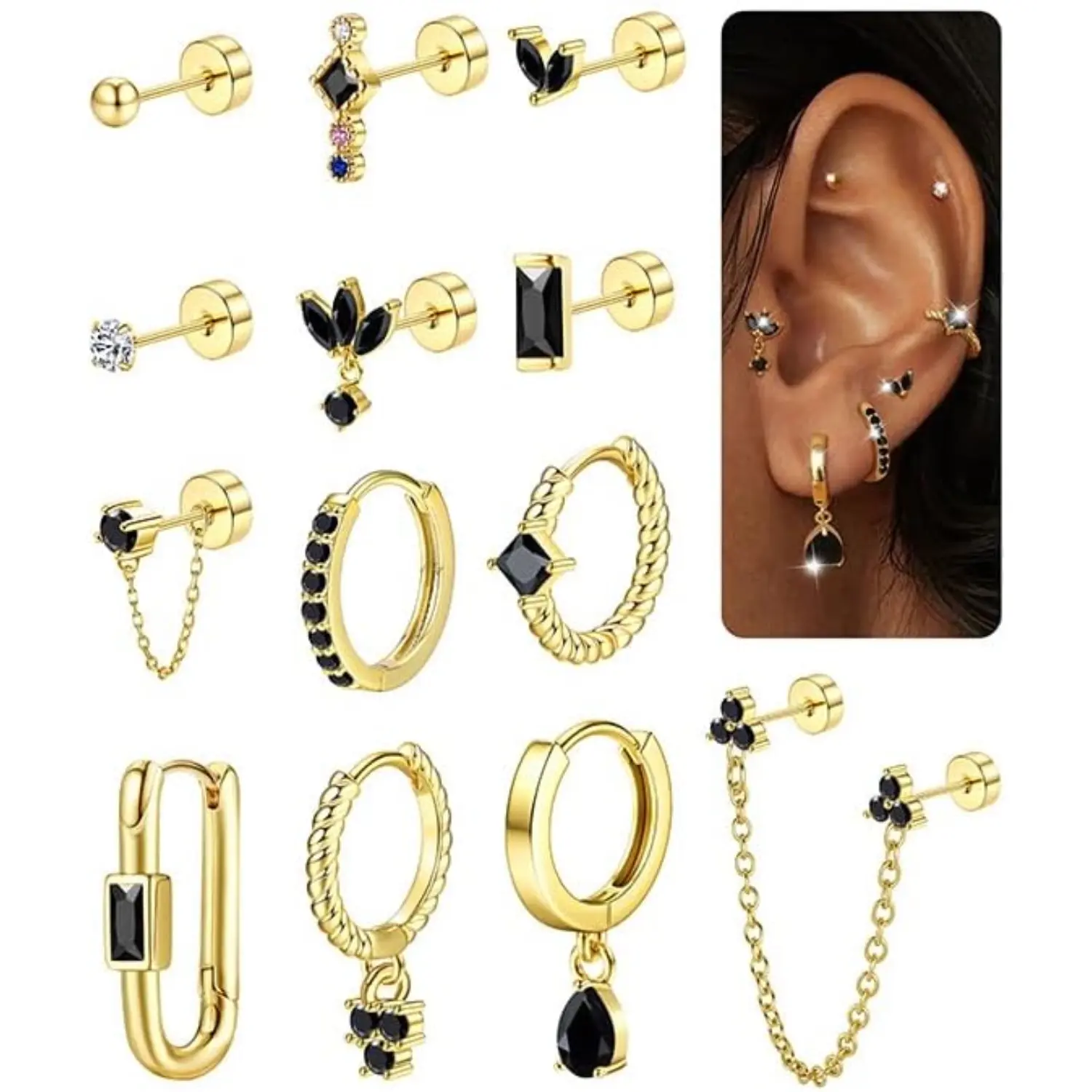 Sanfenly Women's 13-Piece 14 Karat Gold Hypoallergenic Hoop & Stud Earring Stacking Set - Small, Lightweight, Dainty Flat Back for Cartilage, Multiple Piercings, Casual Daily Wear (Gold Earrings for Women), Earring For Women