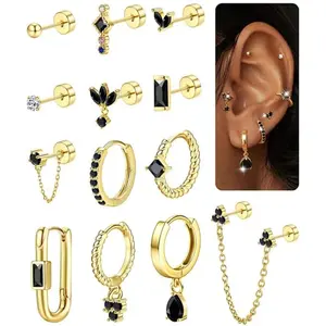 Sanfenly Women's 13-Piece 14 Karat Gold Hypoallergenic Hoop Stud Earring Stacking Set - Small Size, Lightweight, Dainty Flat Back for Cartilage, Multiple Piercings, Casual Daily Wear